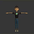 Cartoon Man Wearing Black T-Shirt Purple Design Blue Pants White Shoes Standing With Arms Outstretched
