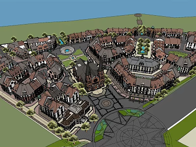 European Style Commercial Street With Plaza Greenery Fountains And Traditional Buildings 3d model