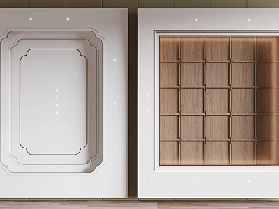 Modern Ceiling Design With White Geometric Patterns And Wooden Grid Panels Featuring Recessed Lighting 3d model