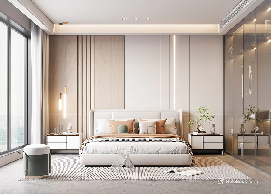 Modern Bedroom Interior Design With Large Bed Bedside Tables And Floor To Ceiling Windows 3d model