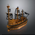 Vintage Pirate Ship As Water Transport With Orange Hull Black Skull Flags And Wooden Deck