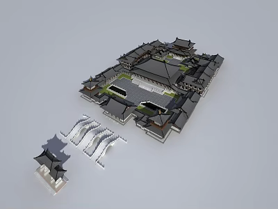 Ancient Chinese Architecture Model Featuring Traditional Courtyard And Flying Eaves Roof Structures 3d model