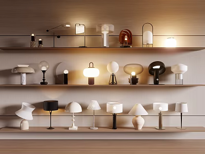Modern Stylish Table Lamps With Various Designs Displayed On Wooden Shelves 3d model
