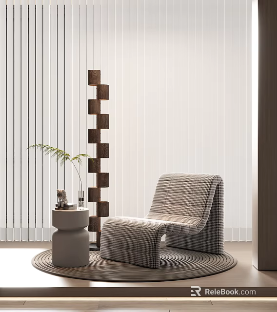 Gray Single Sofa With Ottoman And Brown Decorative Shelf Near White Vertical Stripe Curtains 3d model 