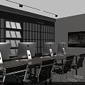 Modern Public Office Space With Multiple Computer Monitors Long Desk Black Chairs And Bookshelves