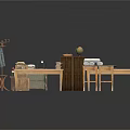 Wooden Dining Table In Rustic Natural Style With Cabinets Stools Books And Globe