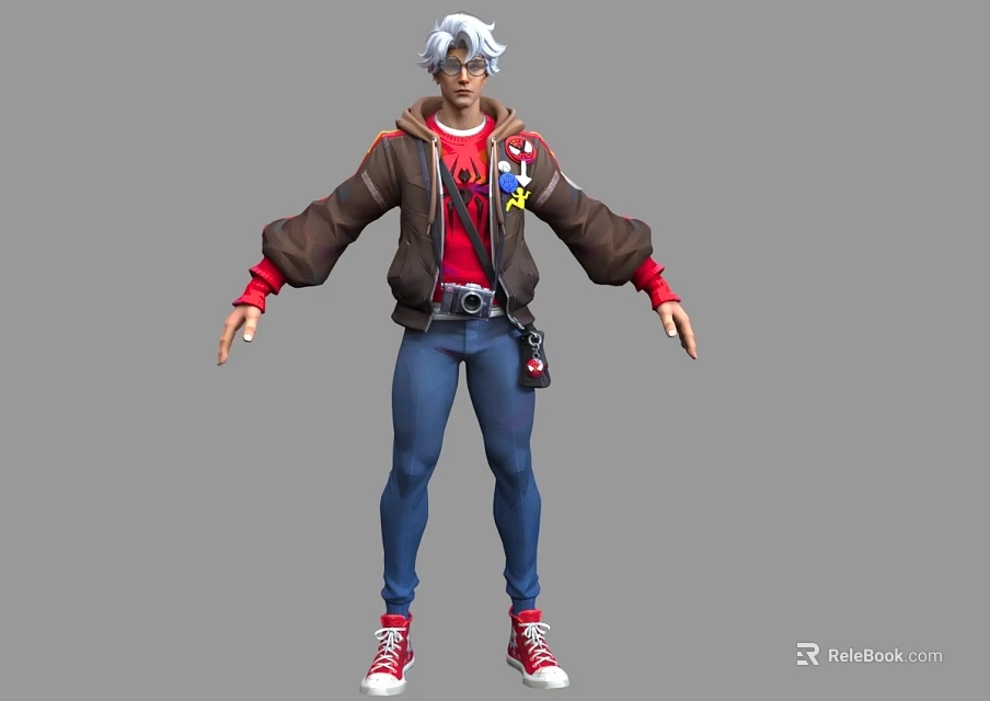 A Man With White Hair Wearing Brown Jacket Red Hoodie Blue Jeans And Red Sneakers 3d model 