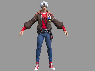 A Man With White Hair Wearing Brown Jacket Red Hoodie Blue Jeans And Red Sneakers 3d model