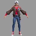 A Man With White Hair Wearing Brown Jacket Red Hoodie Blue Jeans And Red Sneakers