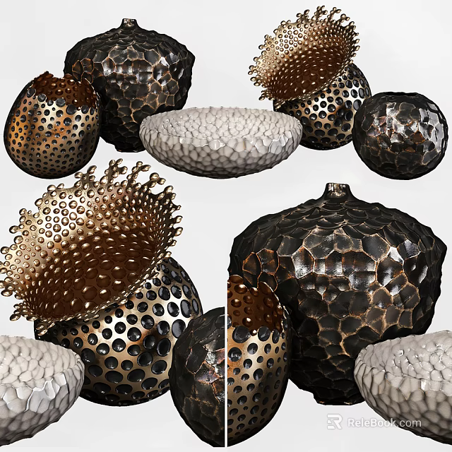 Decorative Ornament Set with Textured Metallic and White Ceramic Pieces for Modern Home Interior Decoration 3d model 