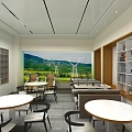 Comfortable Lounge Area Interior With Round White Tables Chairs Long Sofas And Bookshelves