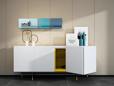 Modern Vertical Striped White Console Side Cabinet With Decorative Vases And Artwork 3d model