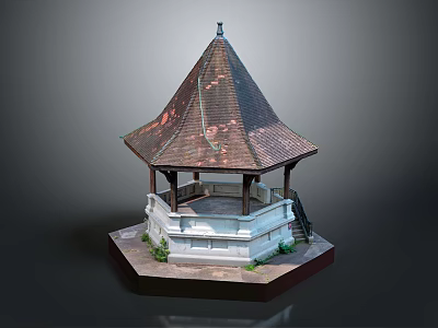 Pointed Copper Rust Roof Square Base Gazebo Structure With Steps And Plants 3d model