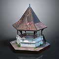 Pointed Copper Rust Roof Square Base Gazebo Structure With Steps And Plants