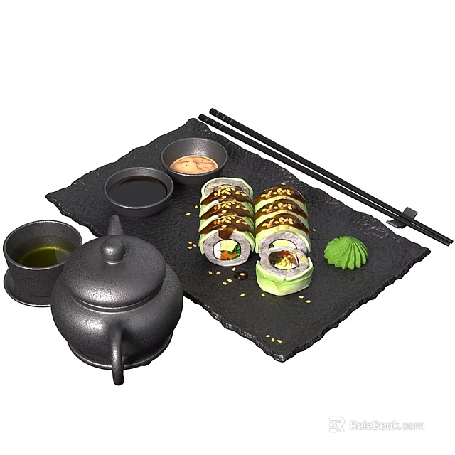 Sushi Rolls On Black Slate Tray With Chopsticks Soy Sauce Wasabi Teapot And Perilla Leaf 3d model 