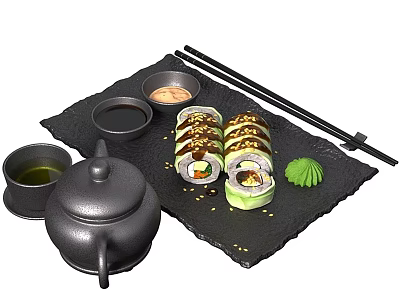 Sushi Rolls On Black Slate Tray With Chopsticks Soy Sauce Wasabi Teapot And Perilla Leaf 3d model