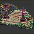 Natural Stone Stairs Flanked By Traditional Stone Lanterns With Green Moss And Rock Background