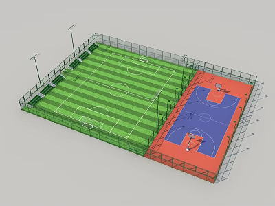 School Sports Facilities Featuring Green Football Field And Blue Basketball Court With Fenced Lighting Poles 3d model