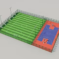 School Sports Facilities Featuring Green Football Field And Blue Basketball Court With Fenced Lighting Poles