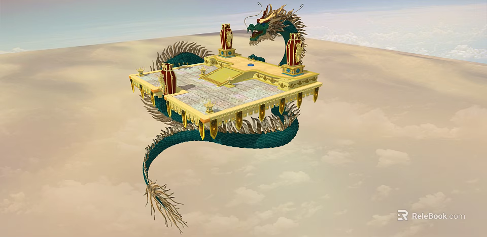 Traditional Elegant Floating Dragon Platform With Golden Decorations In Cloudy Sky 3d model 