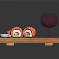 Fresh Salmon Sushi Rolls On Wooden Tray With Soy Sauce And Red Wine