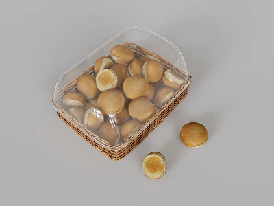 Fresh Small Round Pastries in Transparent Plastic Container and Wicker Basket with Separate Pieces 3d model