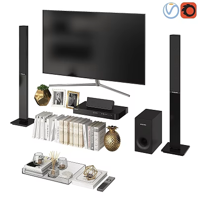 Decorative Ornament Set for Living Room with TV Speakers Books and Decor Pieces 3d model