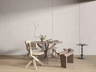 Natural Wooden Dining Table Set With Round Top Chairs Bench And Green Plant Decorative Branch 3d model