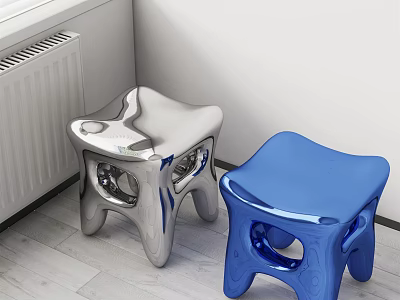 Modern Silver and Blue Stools with Shiny Surface Unique Hollow Design in Indoor Corner 3d model
