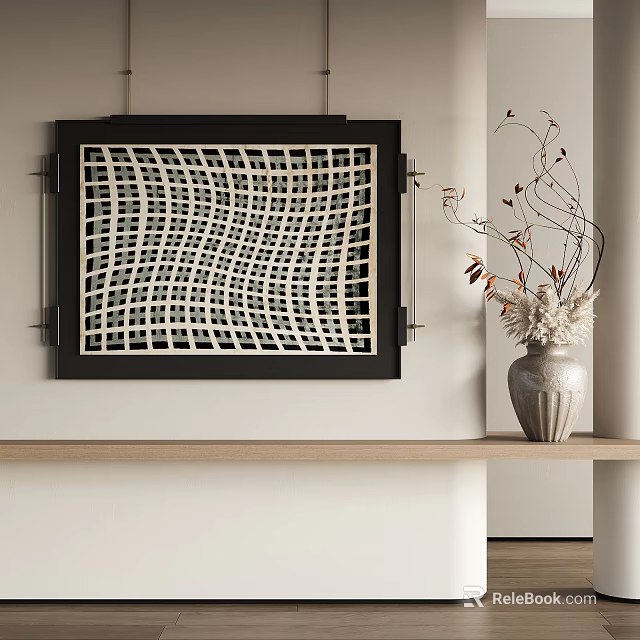 Abstract Painting with Black Frame Black and White Grid Wave Pattern Hanging on Wall 3d model