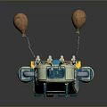 Futuristic Mechanical Device with Yellow Blue Parts White Balloon like Structures and Reflective Base