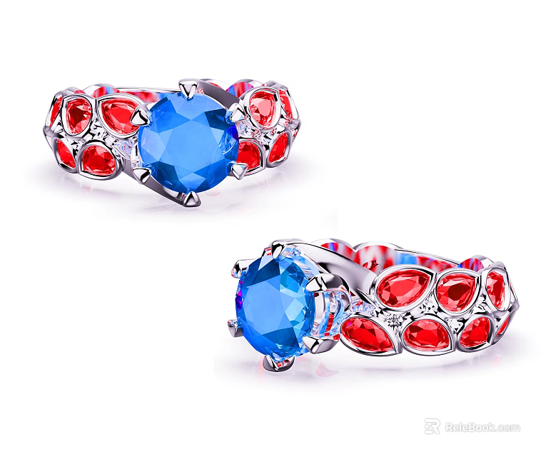 Elegant Silver Rings With Blue Center Gemstone And Red Accent Stones 3d model 