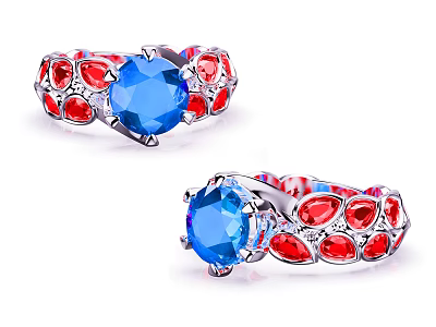 Elegant Silver Rings With Blue Center Gemstone And Red Accent Stones 3d model