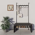 Black Shoe Bench With Storage Compartments Magazine And Potted Plant Near Wall Mirror