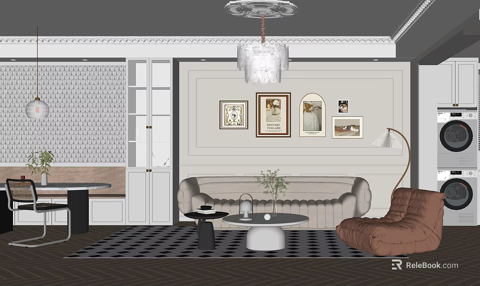 Modern Living Dining Area With Sofa Coffee Table Framed Art Chandelier And Patterned Rug 3d model 