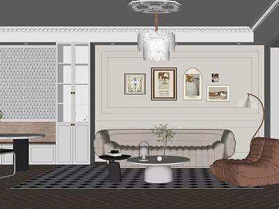 Modern Living Dining Area With Sofa Coffee Table Framed Art Chandelier And Patterned Rug 3d model