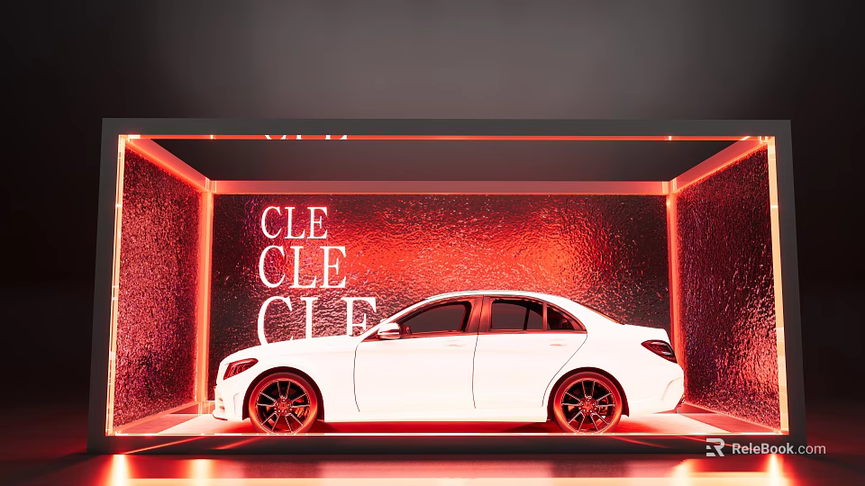 White Car Display With Red Background And CLE Text Lighting Setting 3d model