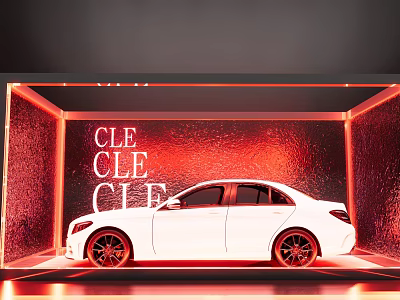 White Car Display With Red Background And CLE Text Lighting Setting 3d model
