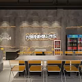 Industrial Style Grill Restaurant With Gray Walls White Sculpture And Yellow Chairs Open Layout