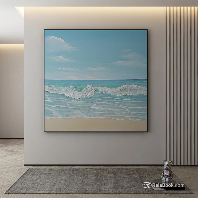 Abstract Painting Featuring Blue Sky White Clouds Ocean Waves And Sandy Beach 3d model