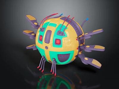 Futuristic Mechanical Creature Robotic Character With Spherical Design Vibrant Yellow Green Red Purple Tentacles 3d model