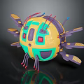 Futuristic Mechanical Creature Robotic Character With Spherical Design Vibrant Yellow Green Red Purple Tentacles