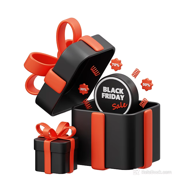 Household Items Black Friday Sale Best Deals with Gift Boxes and Red Ribbons 3d model 