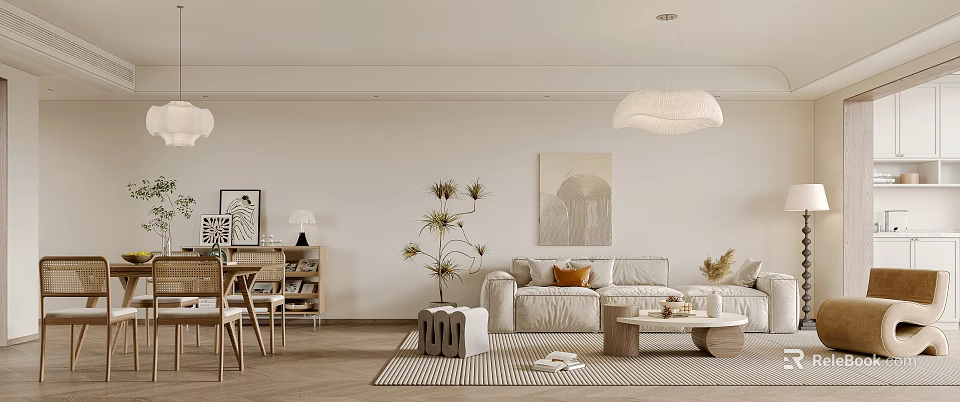 Modern Living And Dining Area Interior With Beige Sofa Wooden Coffee Table And Wall Art 3d model 