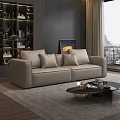 Gray Double Sofa in Modern Living Room With Pillows Coffee Table And City View