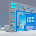 Modern Exhibition Booth Featuring Blue Glass Structure Interior Chairs And Display Counters