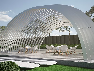 White Arched Architectural Structure with Slatted Design and Outdoor Tables Chairs Under Greenery Sky 3d model