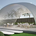 White Arched Architectural Structure with Slatted Design and Outdoor Tables Chairs Under Greenery Sky 3d model