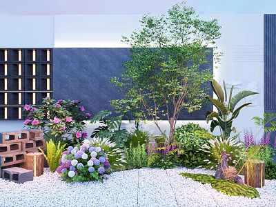 Beautiful Garden Decor With Small Tree Colorful Flowers Greenery And Pebble Ground 3d model