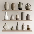 Decorative Ceramic Vessels On Tiered Wooden Shelves With Neutral Tones And Shapes